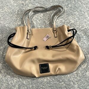 Victoria’s Secret Cinch-top tote. Beige and black with gold hardware